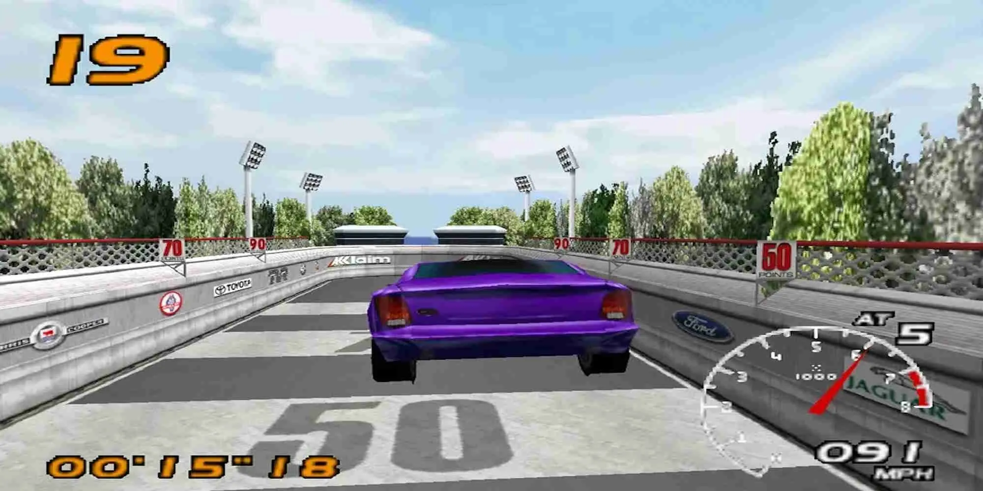 Chiếc xe thể thao TVR Cerbera màu xanh dương trong game Vanishing Point trên PlayStation 1