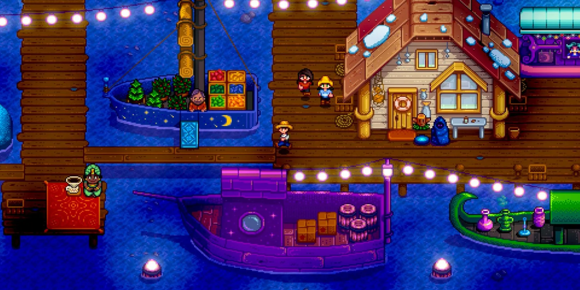 Chợ đêm Stardew Valley với những con tàu trên mặt nước và các gian hàng, một trong nhiều địa điểm khám phá thú vị của game.