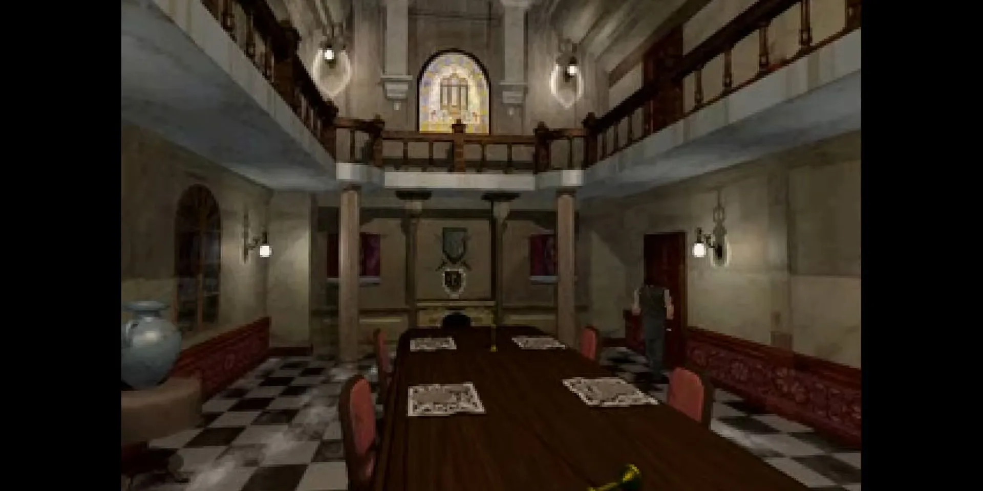 Chris Redfield khám phá phòng ăn u ám trong dinh thự Spencer của Resident Evil 1996 với nền tiền kết xuất rùng rợn