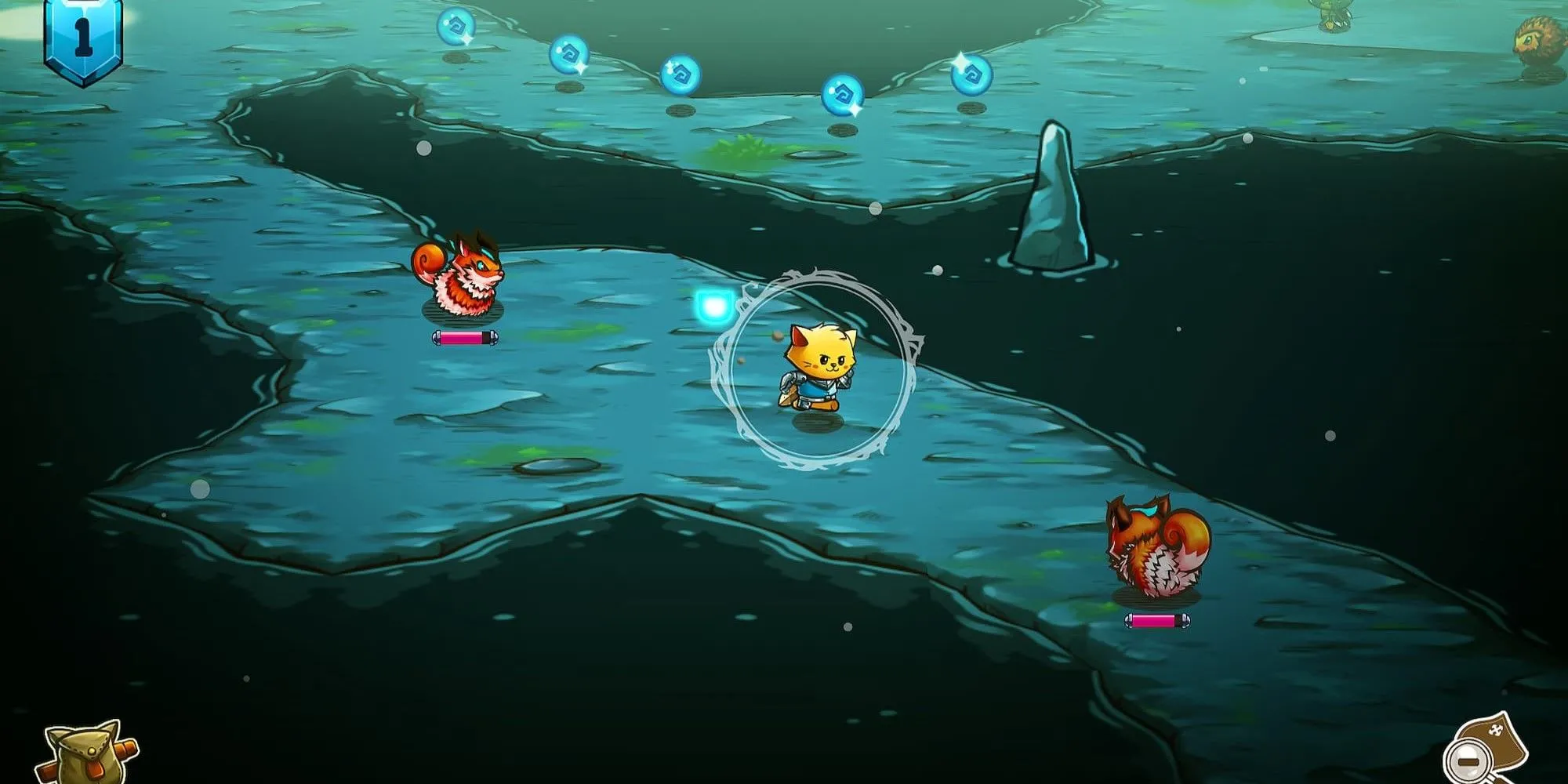 Chú mèo chiến binh dễ thương đang khám phá hầm ngục tối tăm trong game Cat Quest, làm nổi bật yếu tố phiêu lưu.