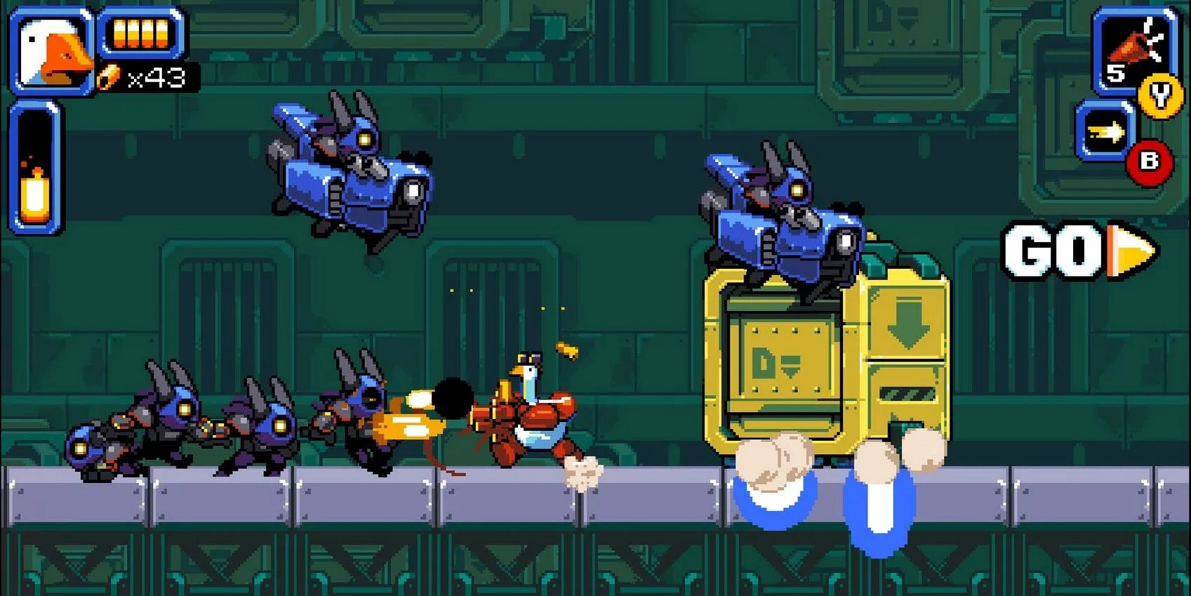 Chú ngỗng Mighty Goose chiến đấu chống lại một đám đông kẻ thù robot trong một khung cảnh hỗn loạn