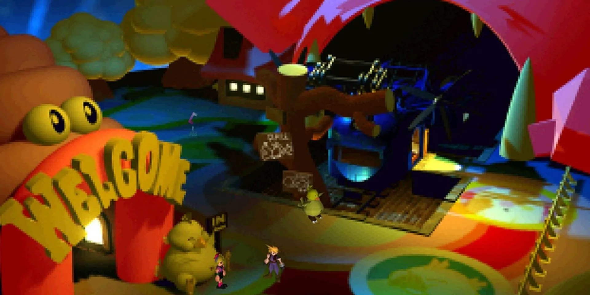Cloud Strife tại Gold Saucer hoa lệ trong Final Fantasy 7, một ví dụ về nền tiền kết xuất tạo không gian kỳ ảo