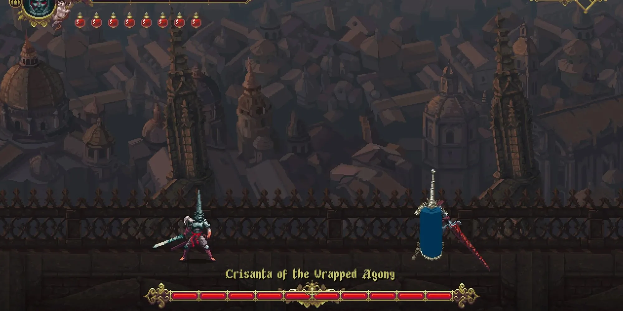 Crisanta of the Wrapped Agony, nữ chiến binh trong Blasphemous với những đòn thế ảo diệu