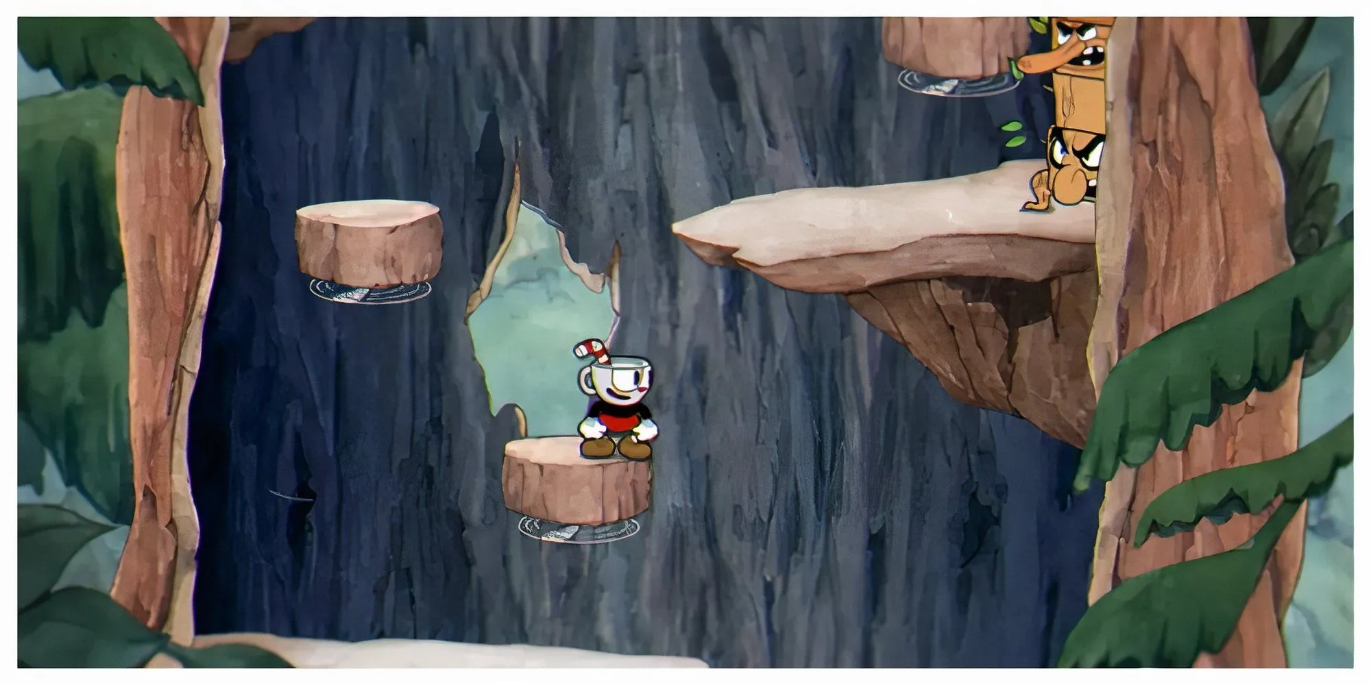Cuphead và Mugman chiến đấu với một con trùm hoa khổng lồ đầy màu sắc trong Cuphead
