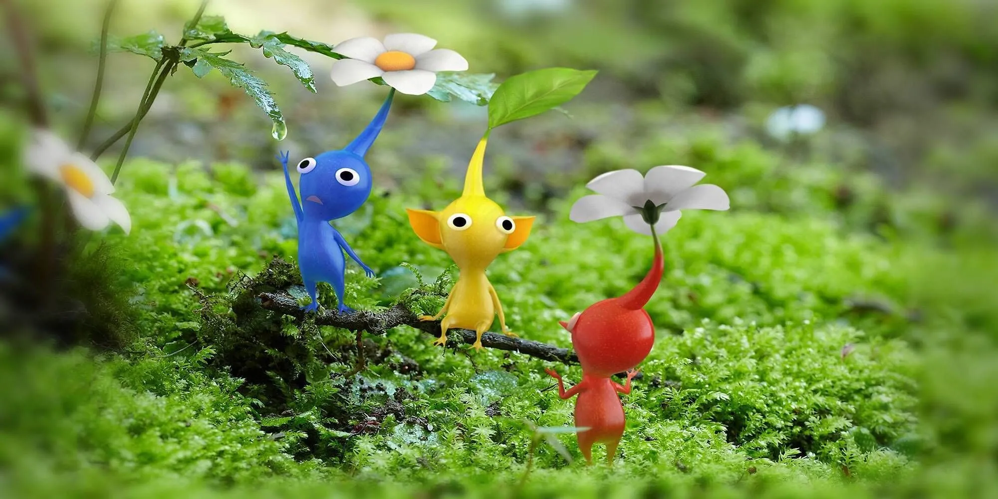 Đàn Pikmin đủ màu sắc gồm xanh, vàng, đỏ đang đậu trên một cành cây phủ rêu trong thế giới PNF-404 của Pikmin 3 Deluxe.