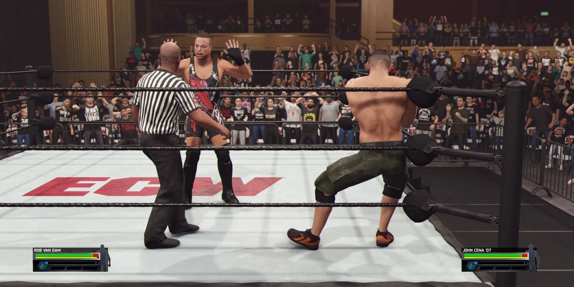 Đô vật RVD thực hiện một đòn đánh lén sau khi thắng trong pha chain wrestling với John Cena trong WWE 2K25.