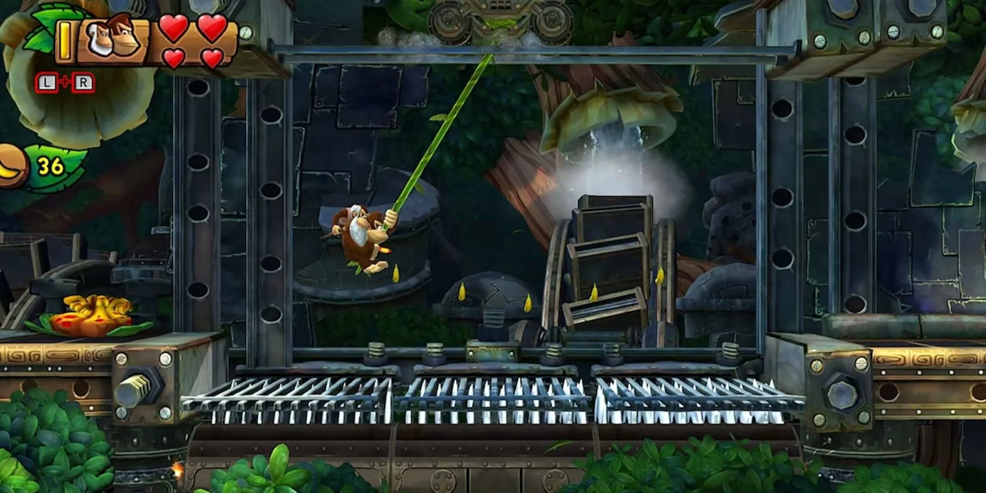 Donkey Kong đang đu dây qua chông trong màn chơi Tropical Freeze