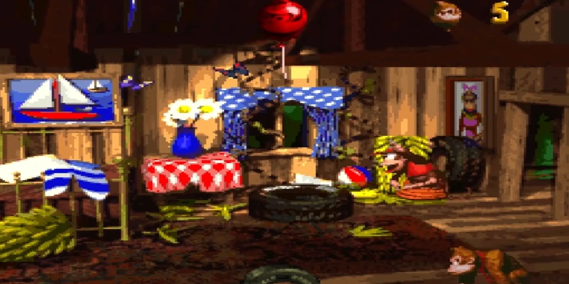 Donkey Kong và Diddy Kong trên nền rừng rậm tiền kết xuất đầy màu sắc trong Donkey Kong Country SNES