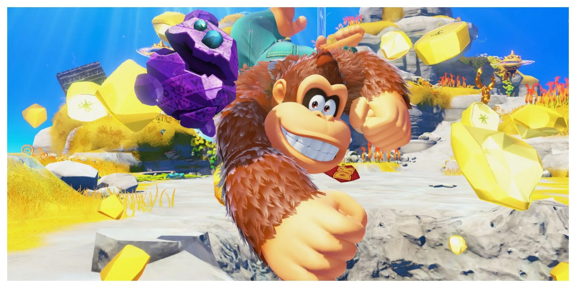 Donkey Kong với thiết kế mới trong hình ảnh quảng bá game Donkey Kong Bananza sắp ra mắt trên Switch 2, cho thấy sự mạnh mẽ và hài hước