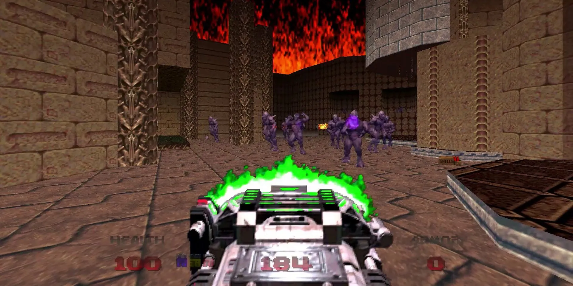 Doom Slayer cầm khẩu BFG trong Doom 64 với khung cảnh tối tăm