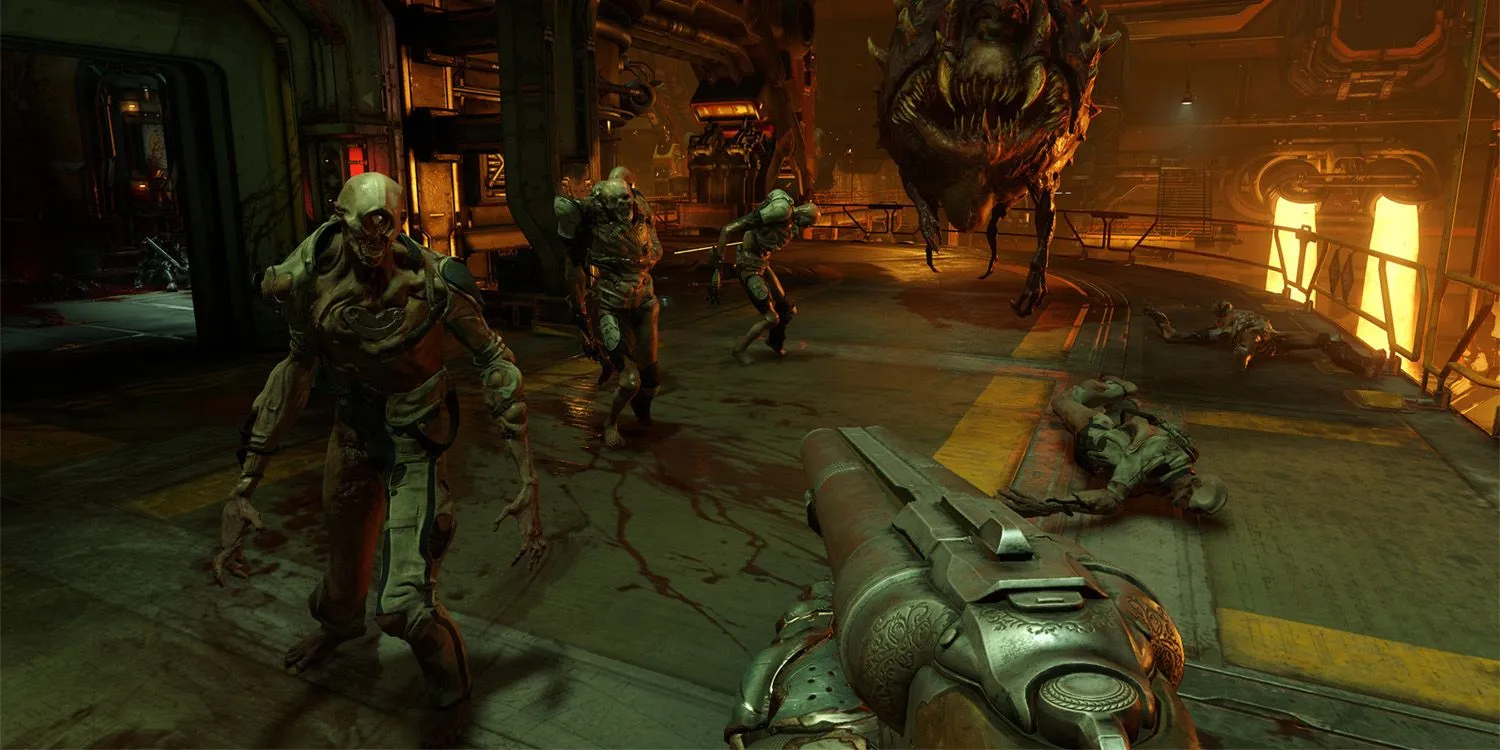 Doom Slayer sử dụng Shotgun cận chiến với quỷ trong Doom 2016