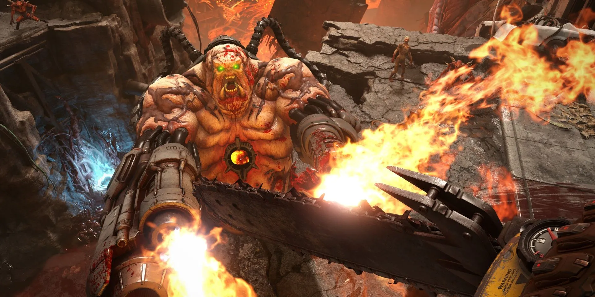 Doom Slayer thực hiện Glory Kill một Mancubus trong Doom Eternal - game FPS hành động đỉnh cao