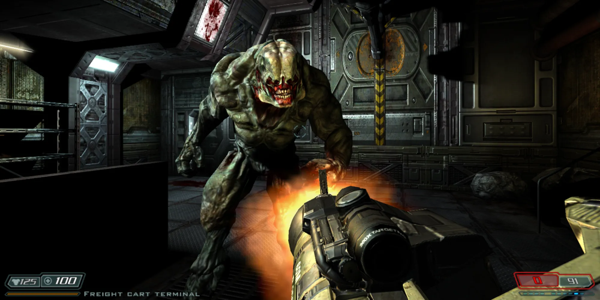 Doomguy bắn một con quỷ trong môi trường tối tăm của Doom 3