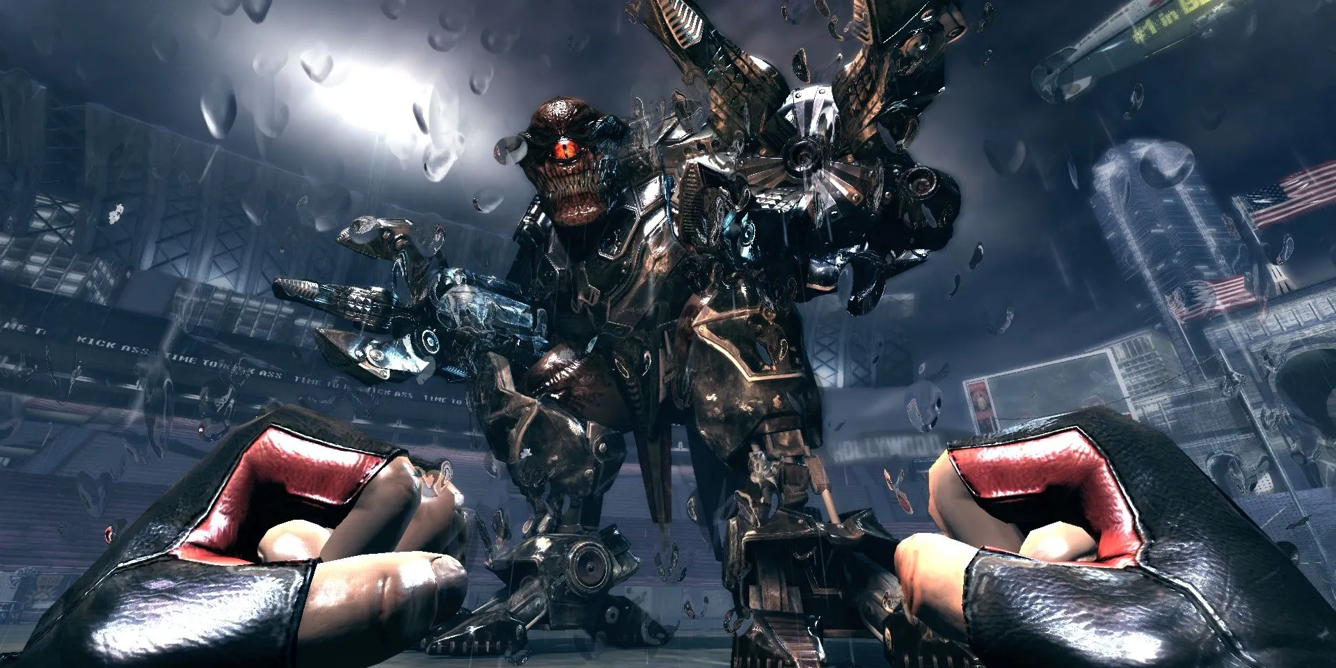 Duke Nukem đối đầu với một quái vật khổng lồ trong Duke Nukem Forever, tựa game có quá trình phát triển đầy gian truân.