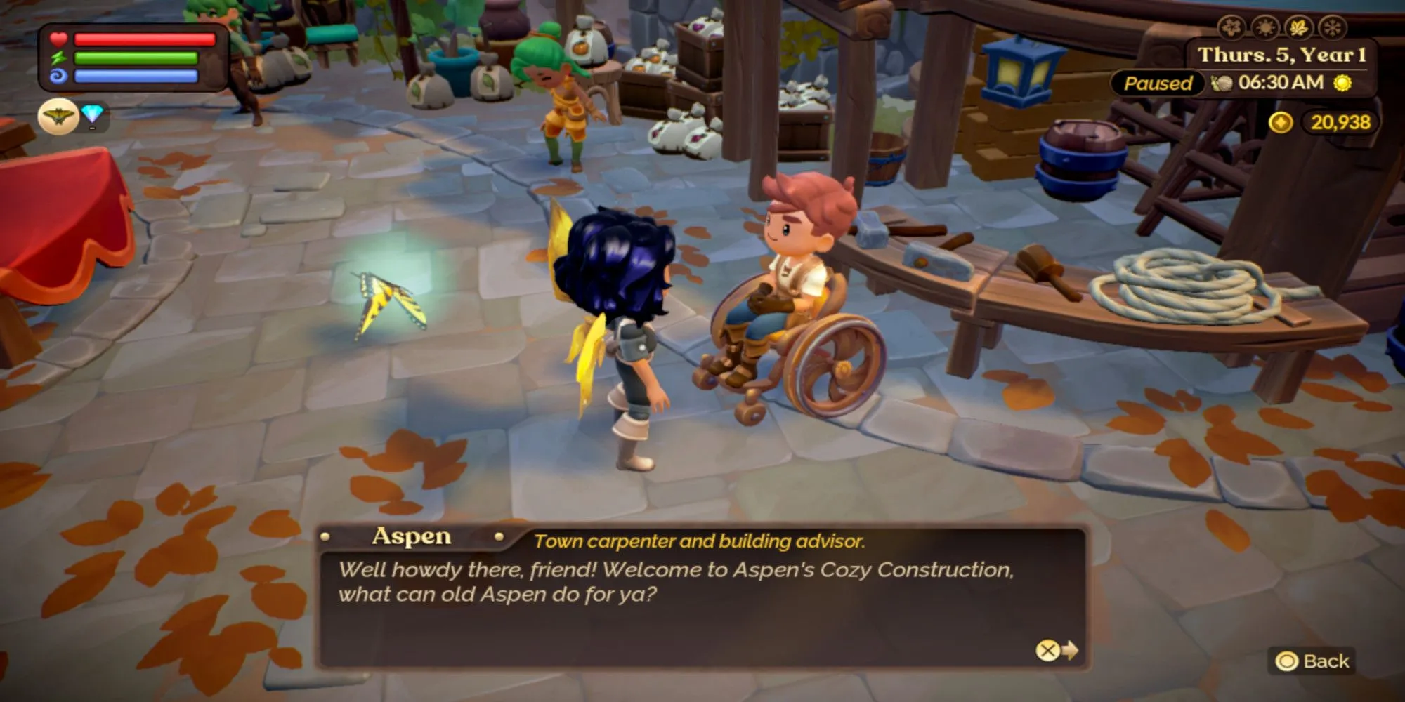 Fae Farm player talking to Aspen in the town center