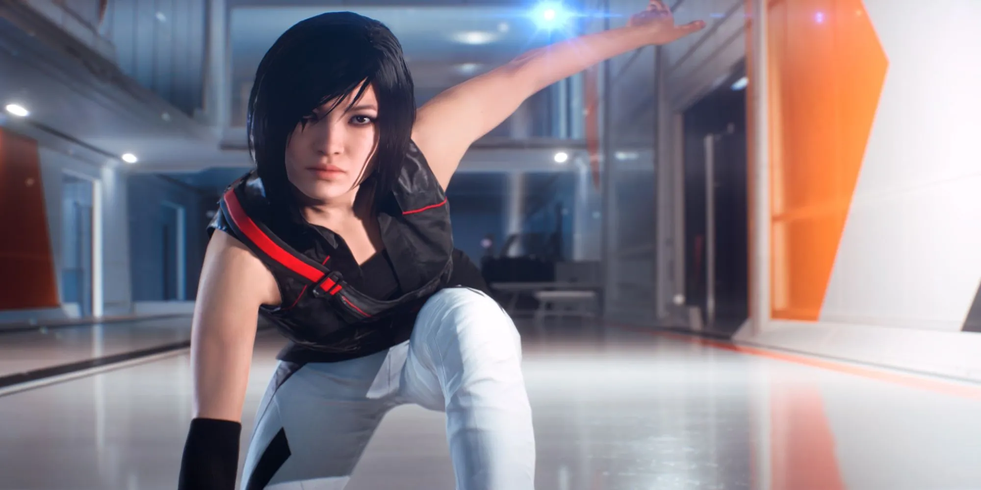 Faith Connors, nữ nhân vật chính của Mirror's Edge Catalyst, thực hiện động tác parkour trên nóc tòa nhà cao tầng.