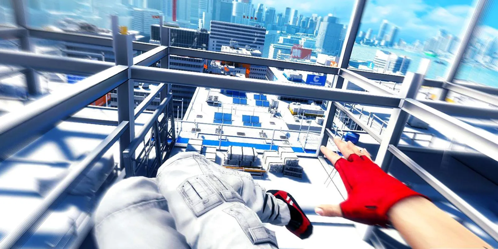 Faith Connors thực hiện cú nhảy parkour trên nóc nhà trong Mirror’s Edge