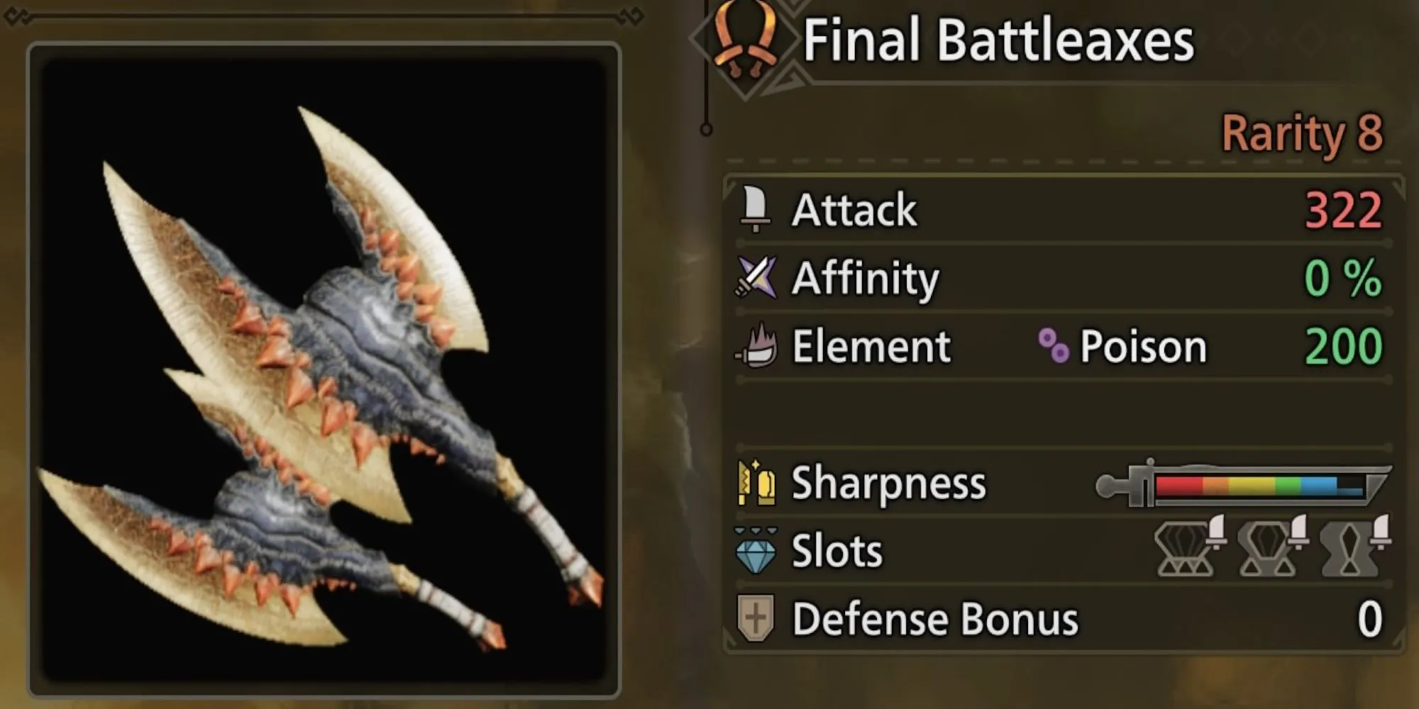 Final Battleaxes - Cặp Song Phủ Độc từ Gypceros trong Monster Hunter Wilds với chỉ số Attack cao