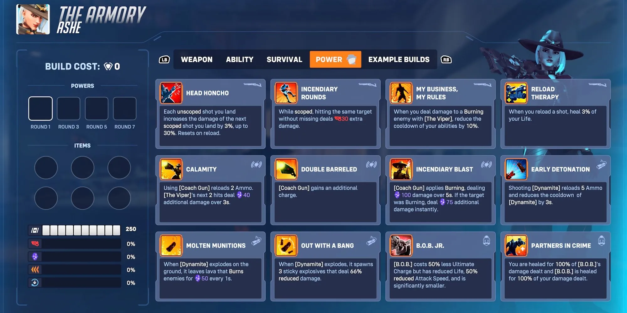 Giao diện Armory trong Overwatch 2 Stadium nơi người chơi lựa chọn Powers và Abilities cho hero.