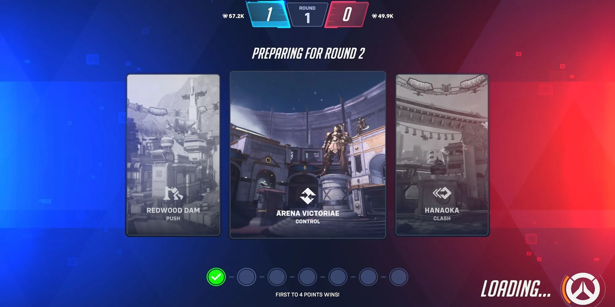 Giao diện bắt đầu round 2 trong chế độ Overwatch 2 Stadium thể hiện sự kịch tính.