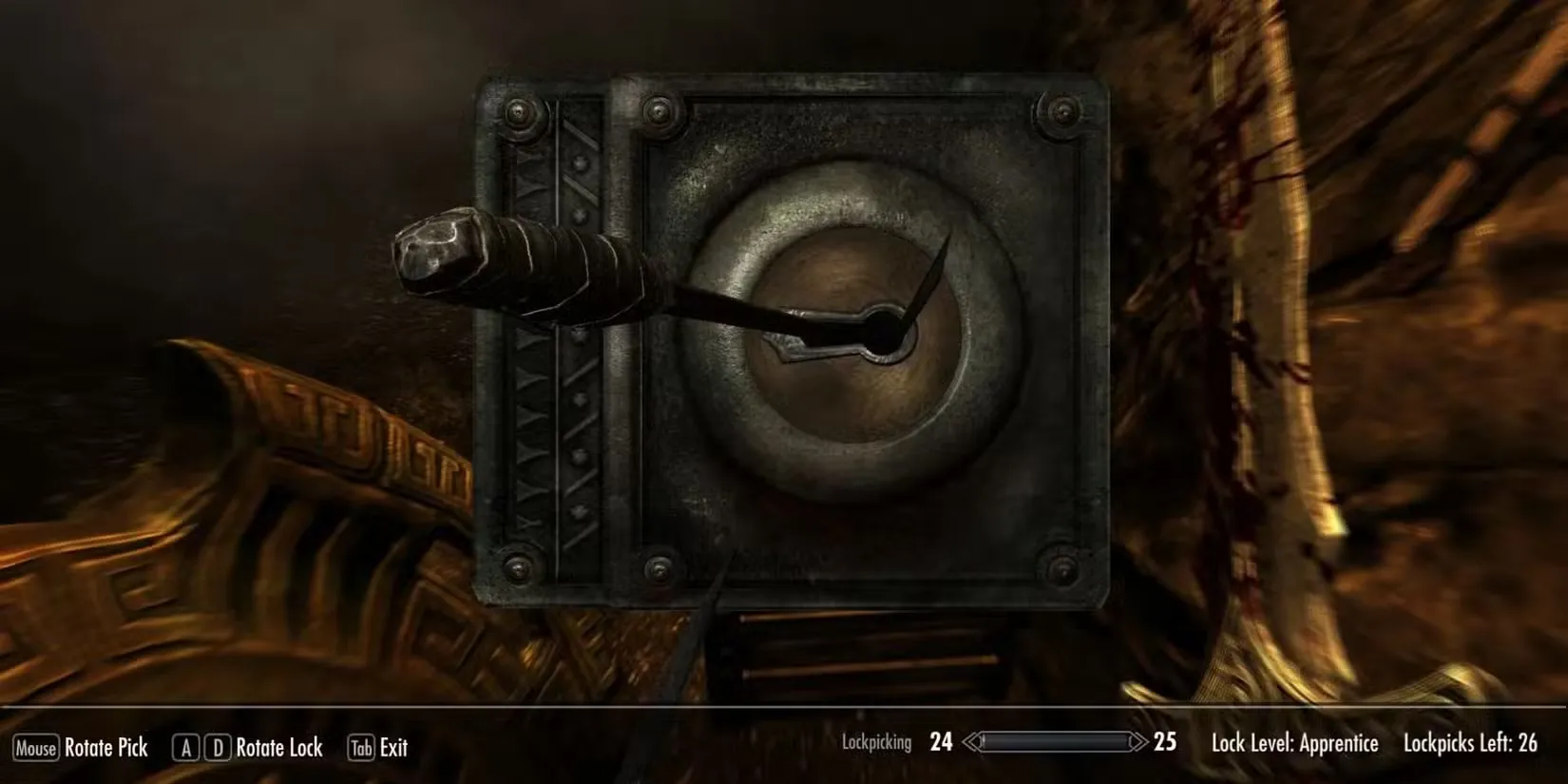 Giao diện bẻ khóa quen thuộc trong The Elder Scrolls V: Skyrim với kim và trục xoay