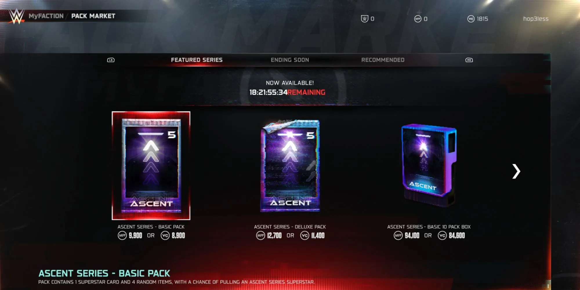 Giao diện chế độ MyFACTION trong WWE 2K25 nơi người chơi có thể sử dụng VC mua thẻ bài