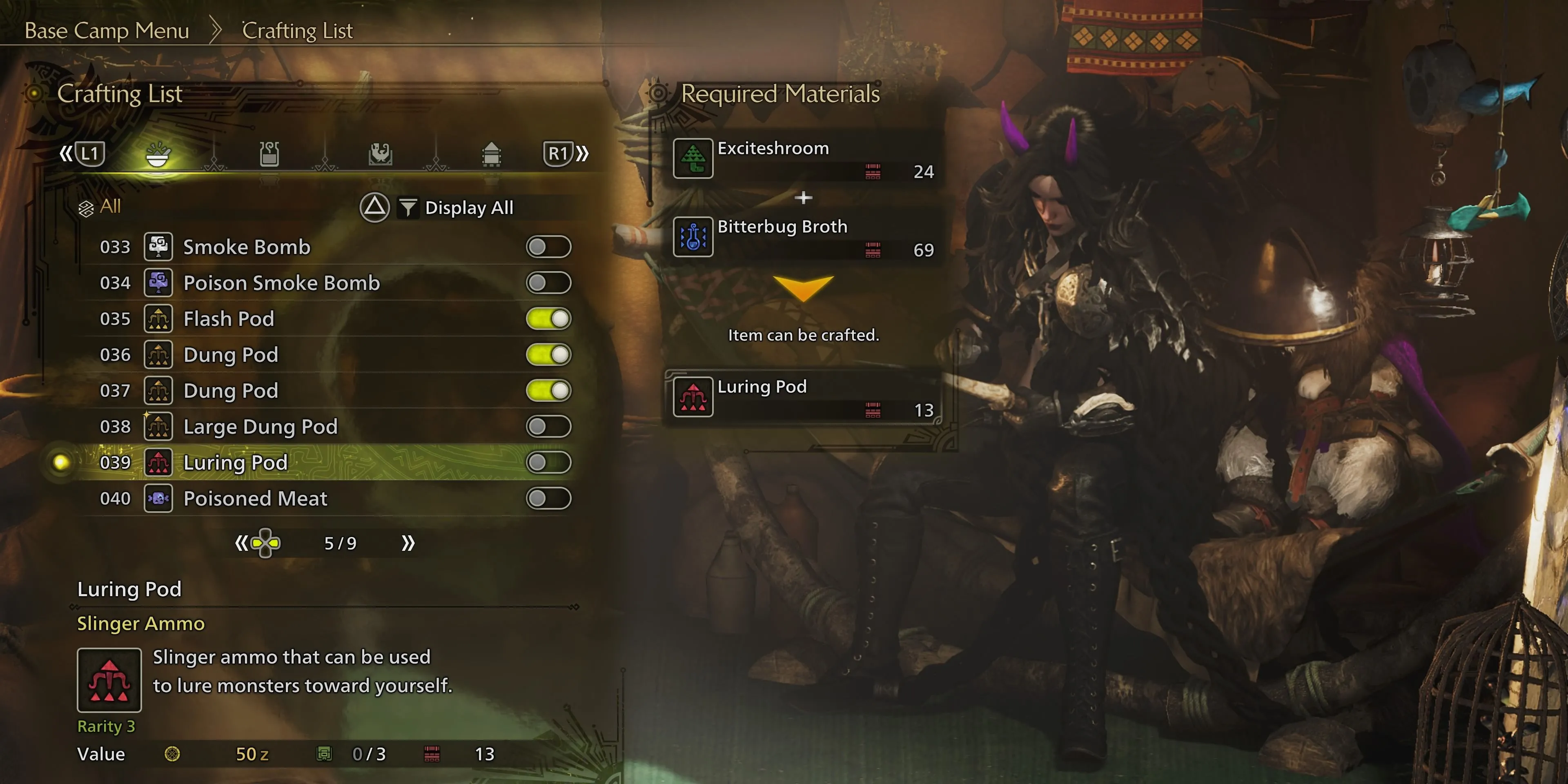 Giao diện chế tạo Luring Pod trong Monster Hunter Wilds với các nguyên liệu cần thiết.