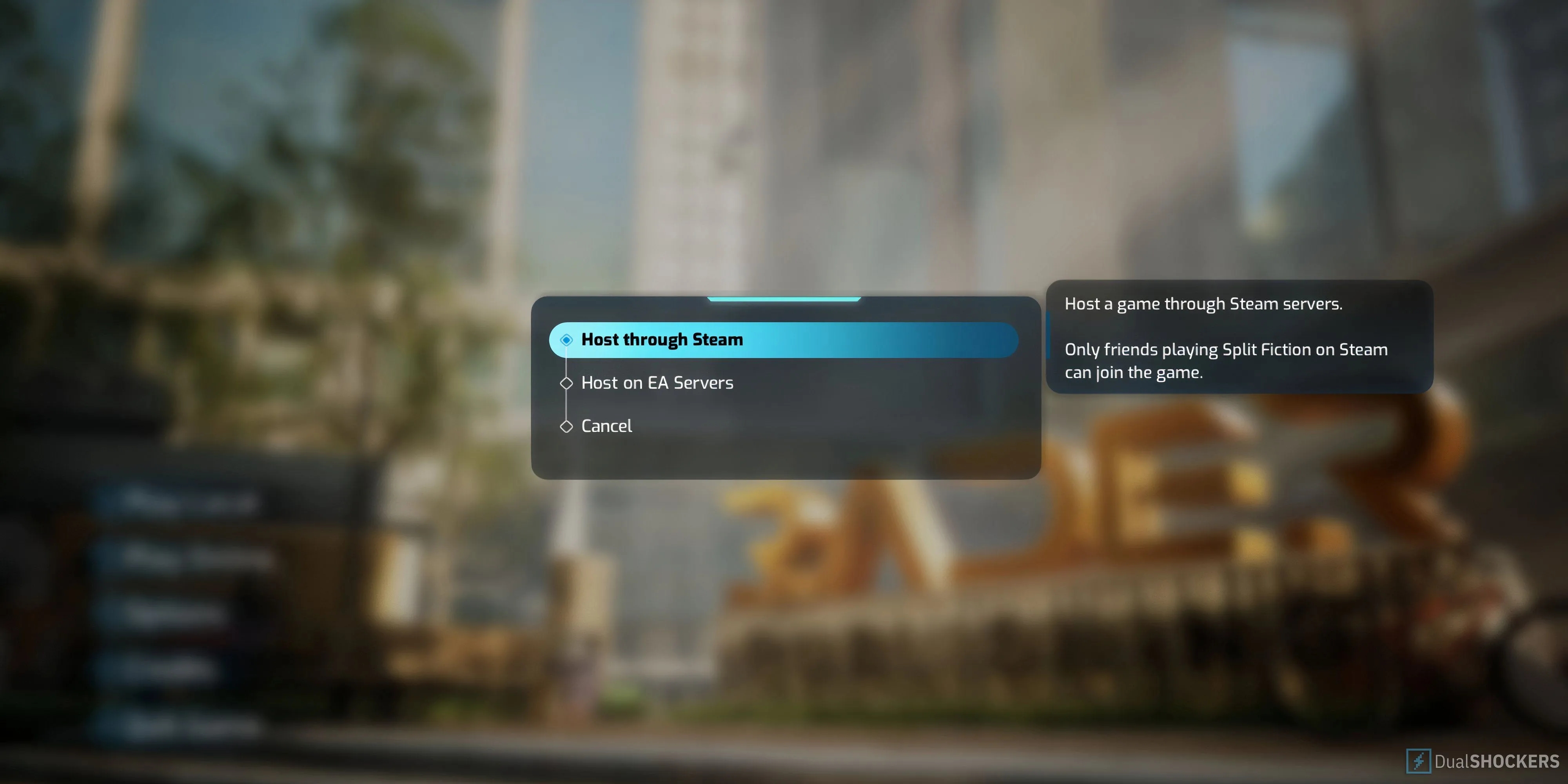 Giao diện chọn máy chủ trong game Split Fiction, minh họa việc kết nối qua nền tảng như Steam