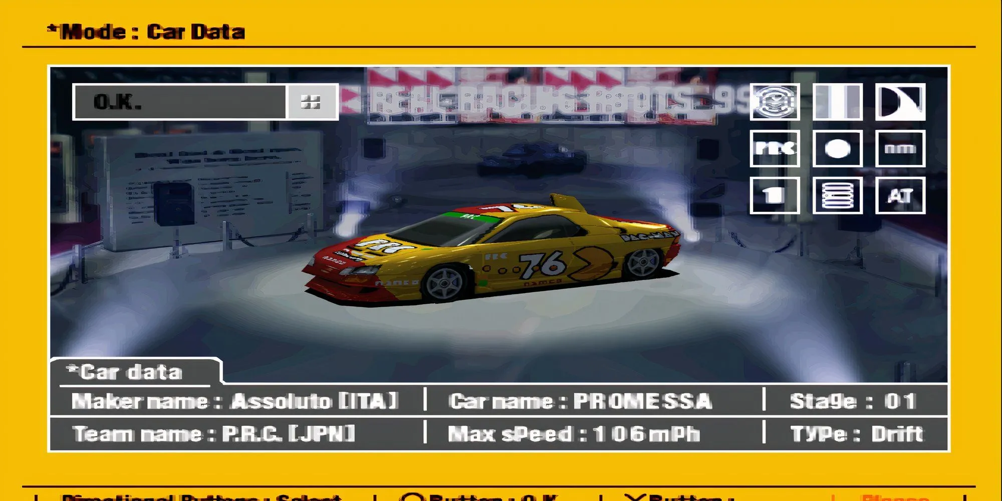 Giao diện chọn xe trong game Ridge Racer Type 4 với nhiều mẫu xe đua đa dạng