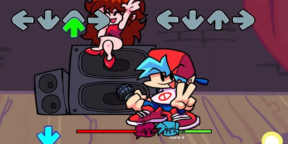 Giao diện game Friday Night Funkin' trên Poki Games với các mũi tên chỉ hướng quen thuộc.