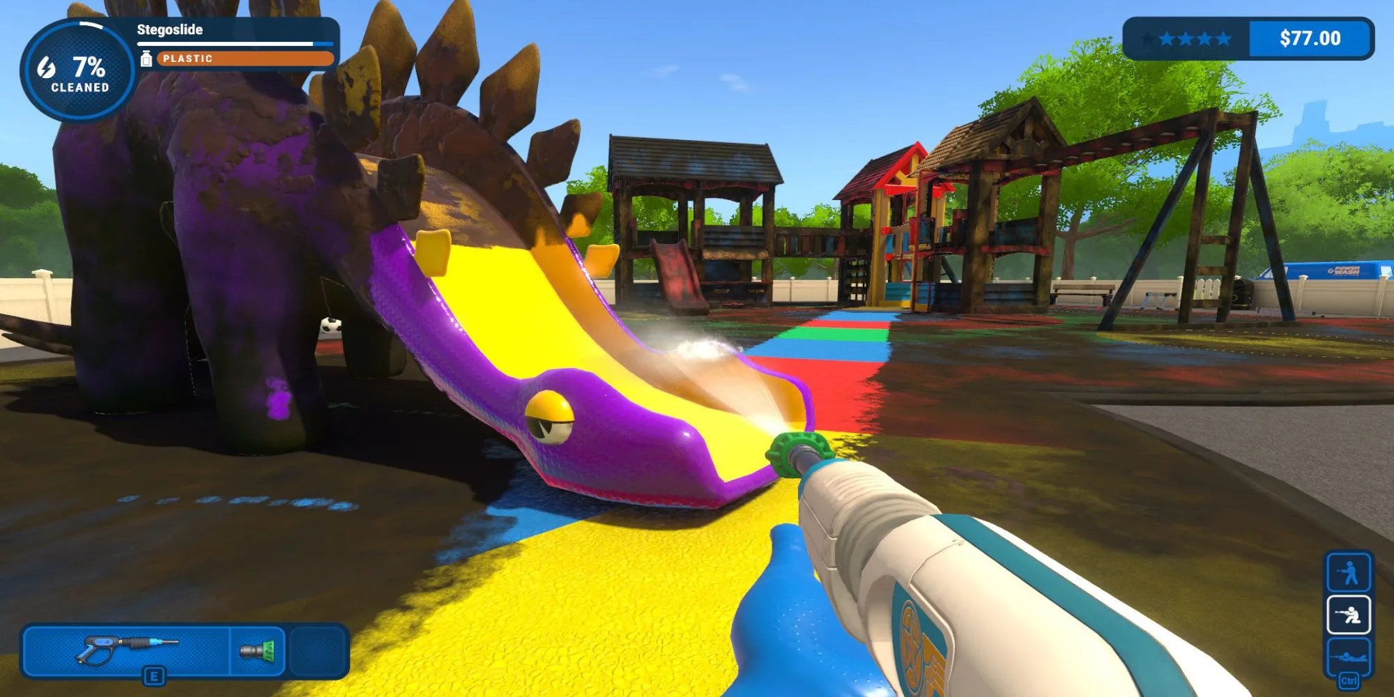 Giao diện game Powerwash Simulator trên nền tảng Steam hiển thị hình ảnh một người đang làm sạch xe bằng vòi xịt