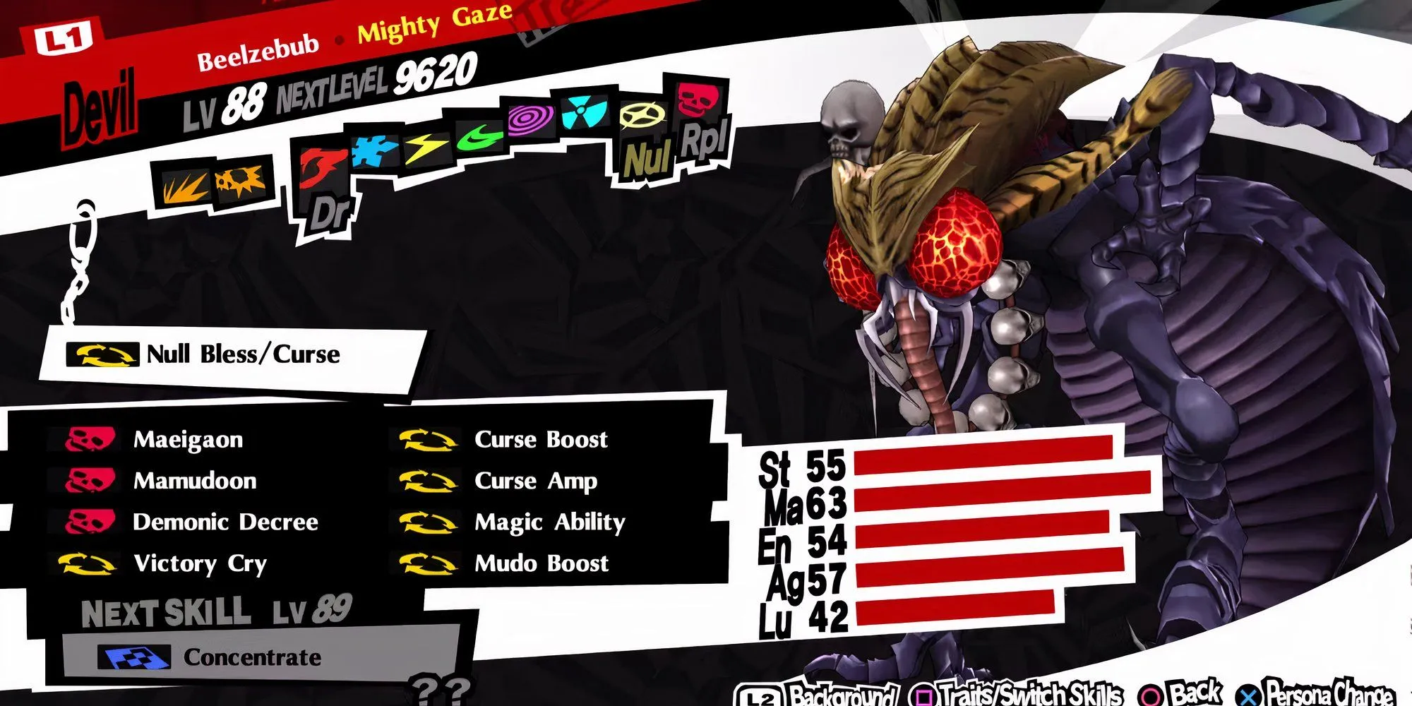 Giao diện hiển thị chỉ số của Persona Beelzebub, Arcana Quỷ Dữ tối thượng trong Persona 5.