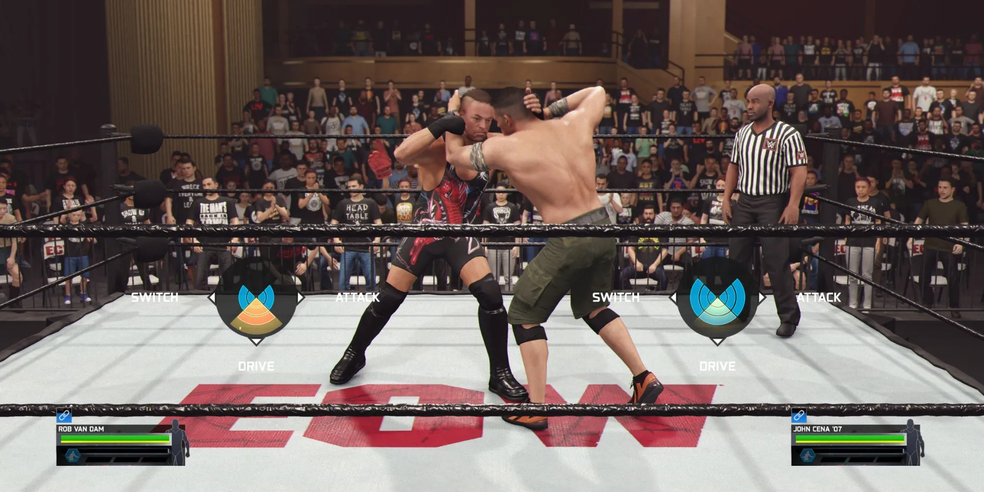 Giao diện lựa chọn động tác Drive, Switch, Wrench, Attack trong minigame chain wrestling của WWE 2K25.