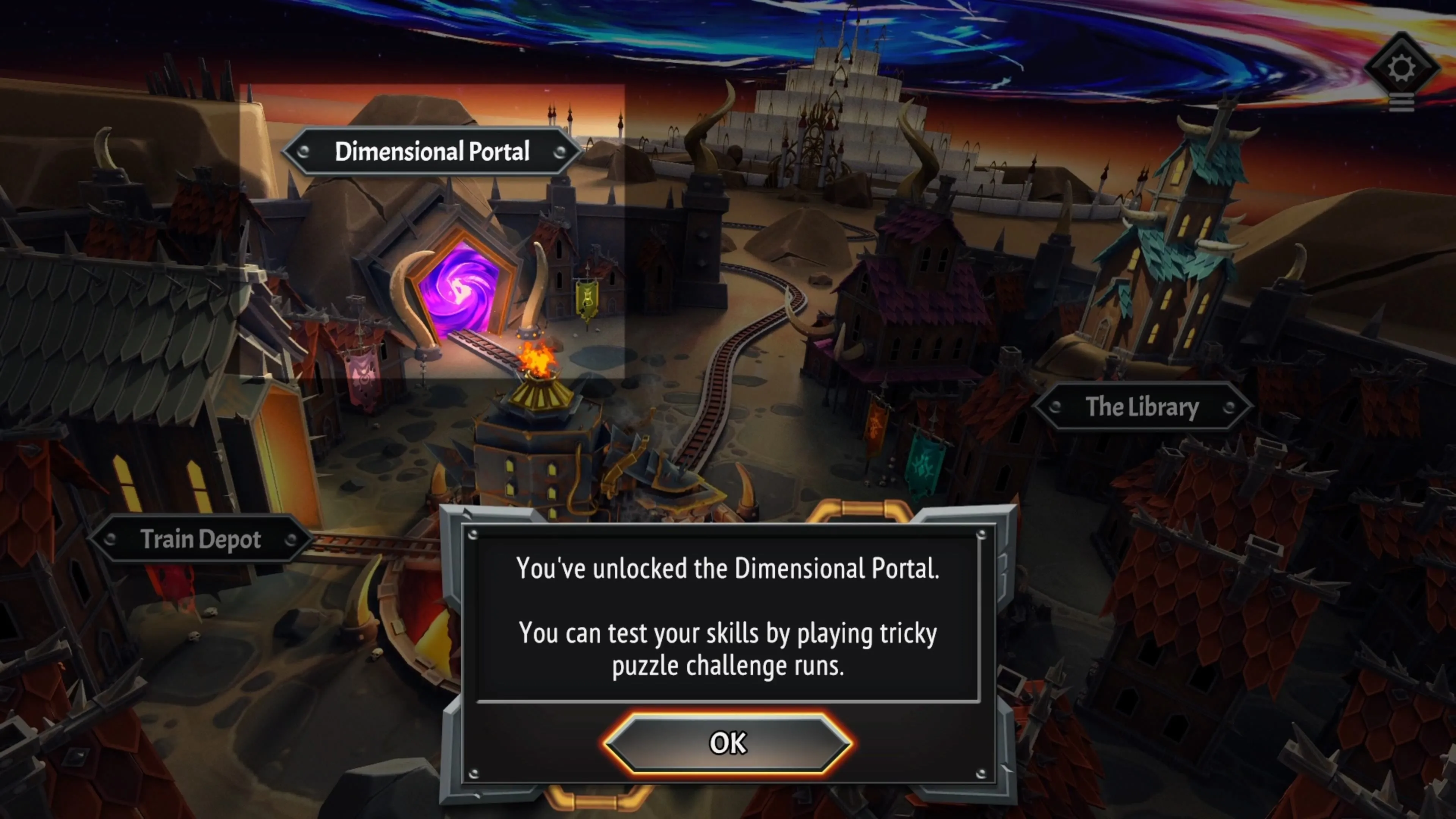 Giao diện Monster Train 2 khi Cổng Dimensional đã được mở khóa, hiển thị mục tiêu tiếp theo
