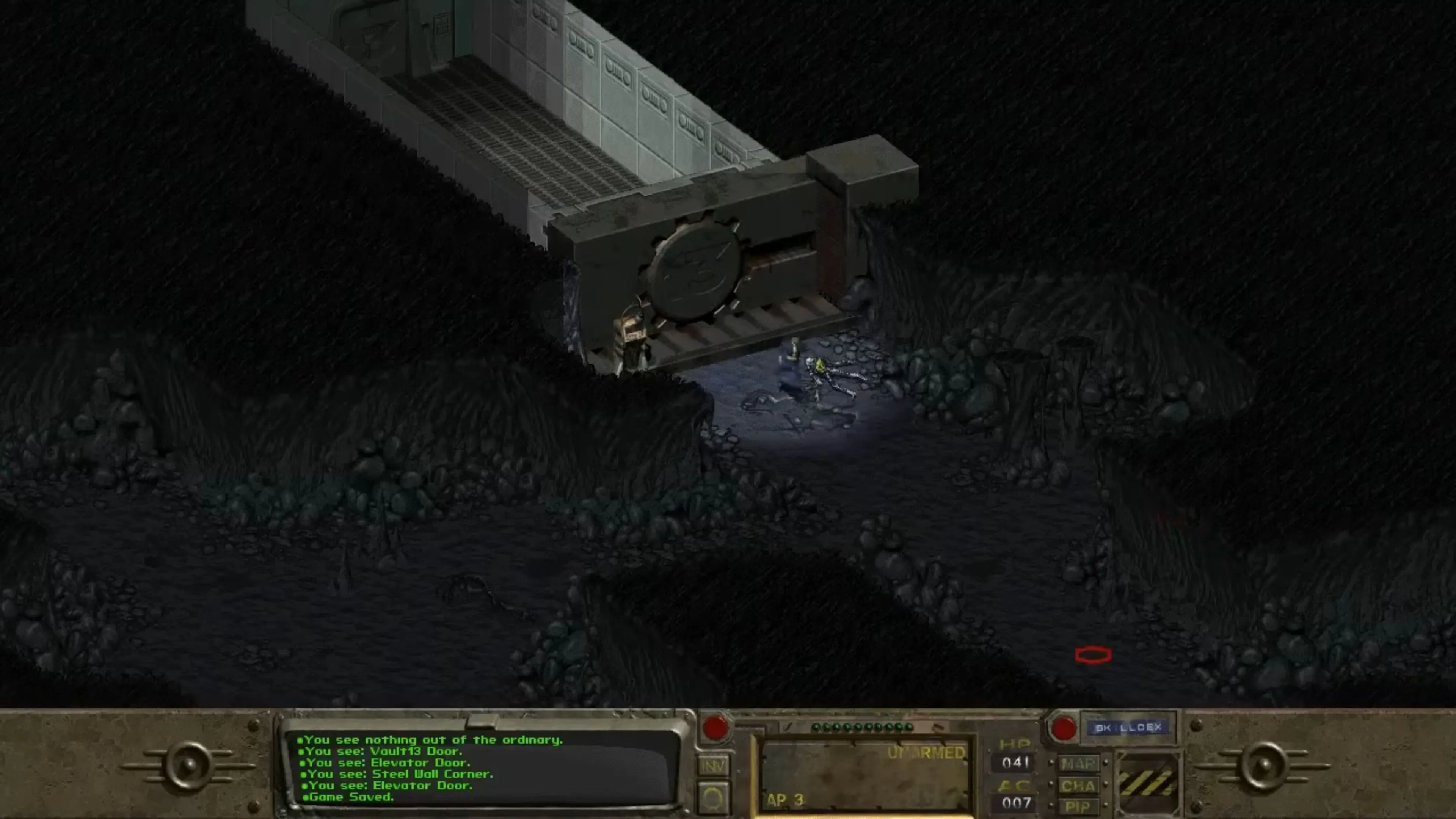Giao diện người chơi trong Fallout cổ điển với các tùy chọn hành động và chỉ số nhân vật