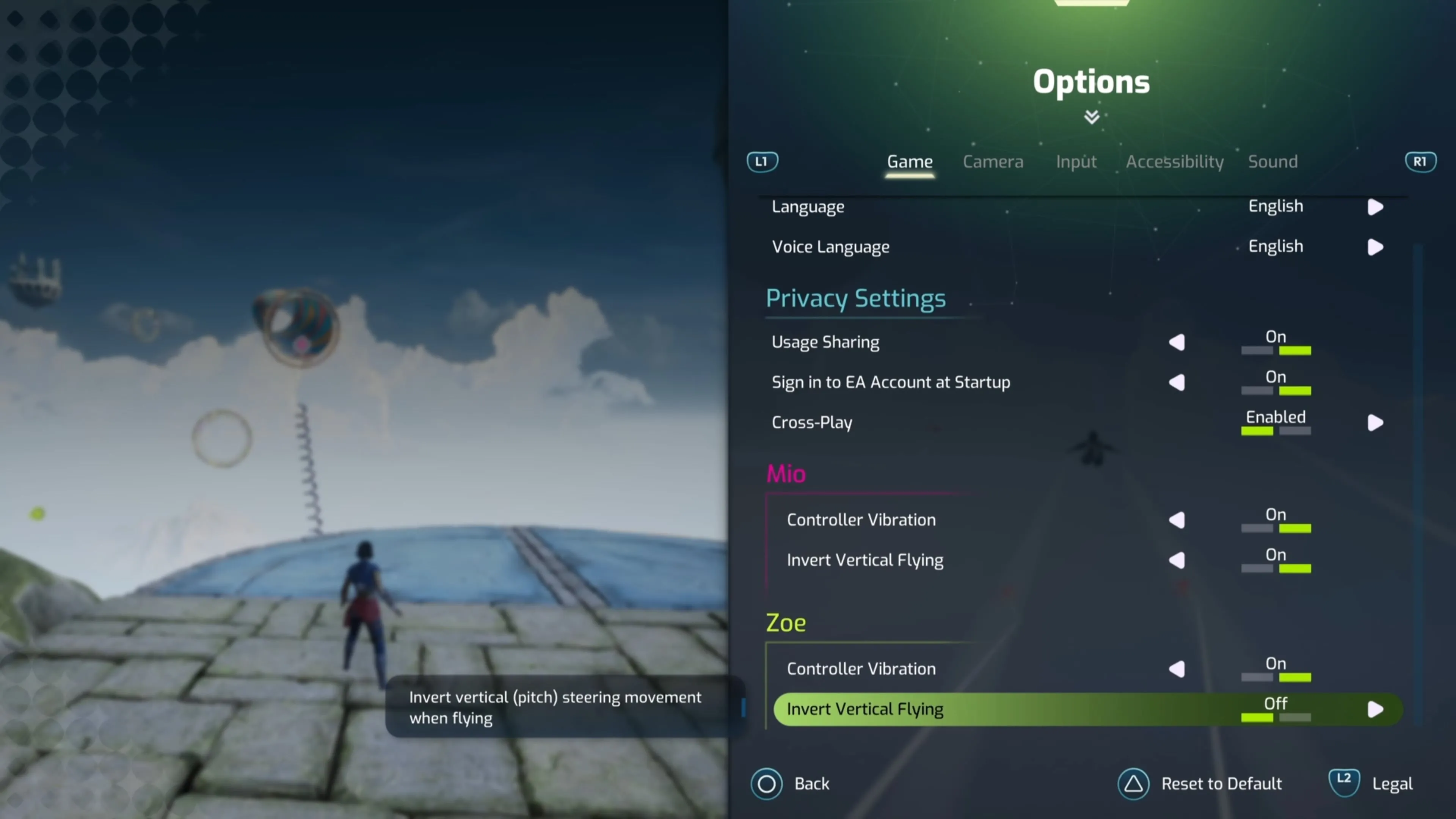 Giao diện tùy chỉnh điều khiển bay trong game Split Fiction cho nhân vật
