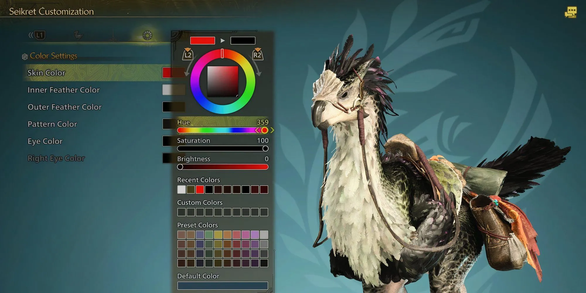 Giao diện tùy chỉnh Seikret trong Monster Hunter Wilds hiển thị các tùy chọn màu sắc và bộ phận.