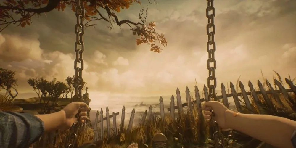 Góc nhìn người thứ nhất từ chiếc xích đu trong What Remains of Edith Finch, khám phá bi kịch gia tộc Finch qua nhiều thế hệ.