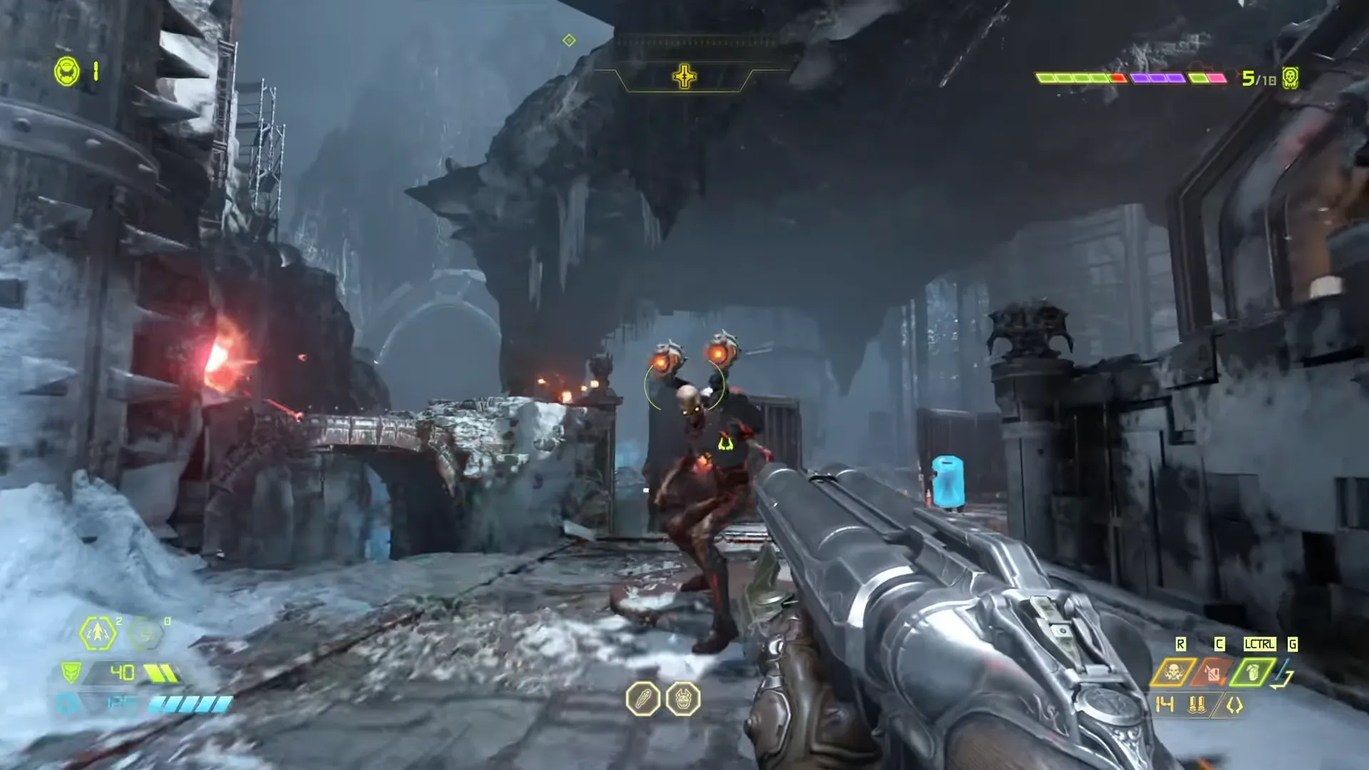 Góc nhìn thứ nhất trong DOOM Eternal khi Doom Slayer chiến đấu với quỷ