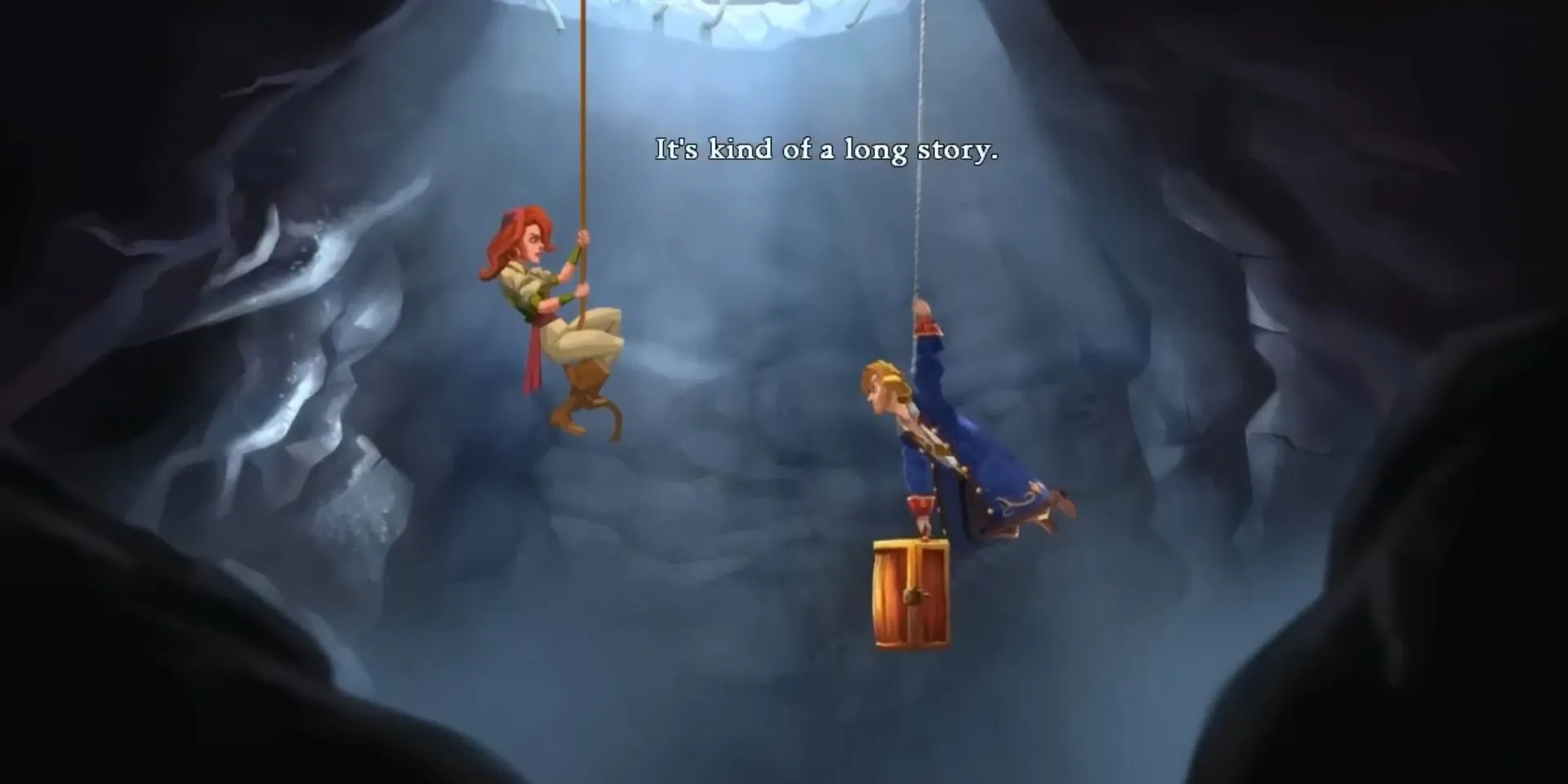 Guybrush Threepwood và Elaine Marley đu dây trong một hang động tối ở Monkey Island 2
