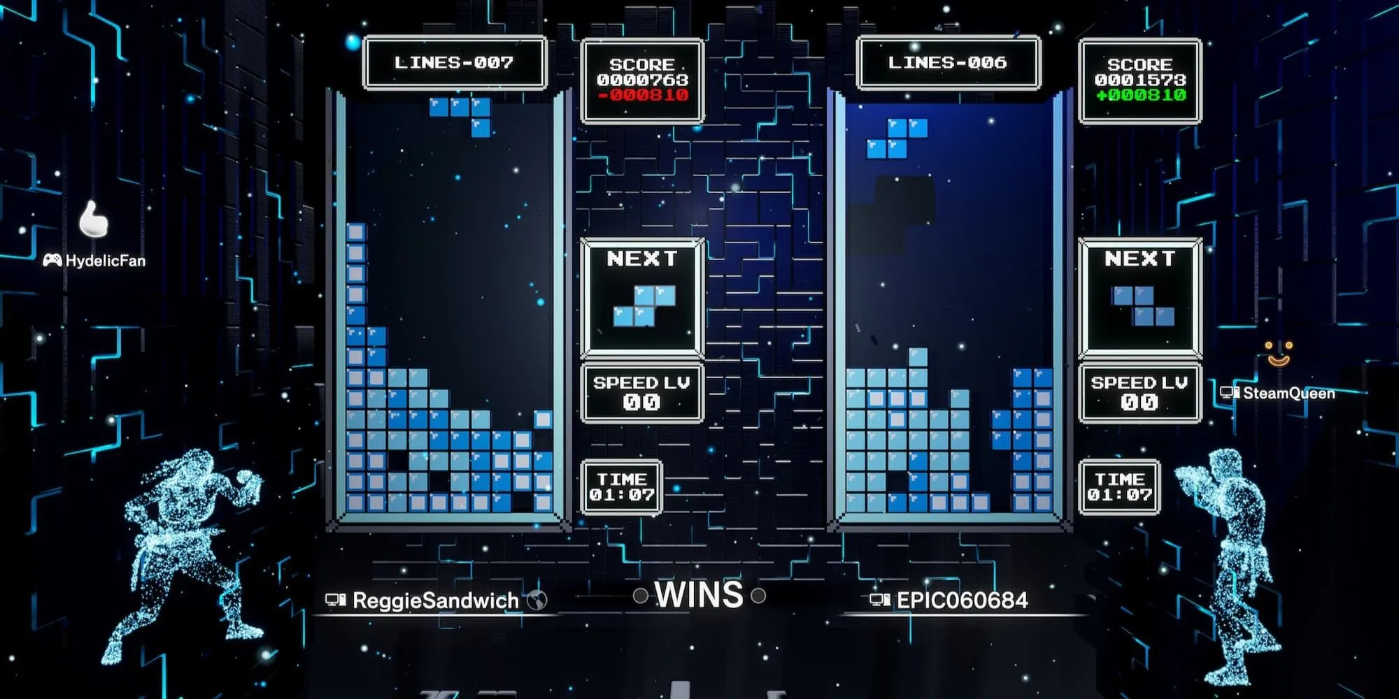 Hai người chơi đang đấu multiplayer trong Tetris Effect Connected