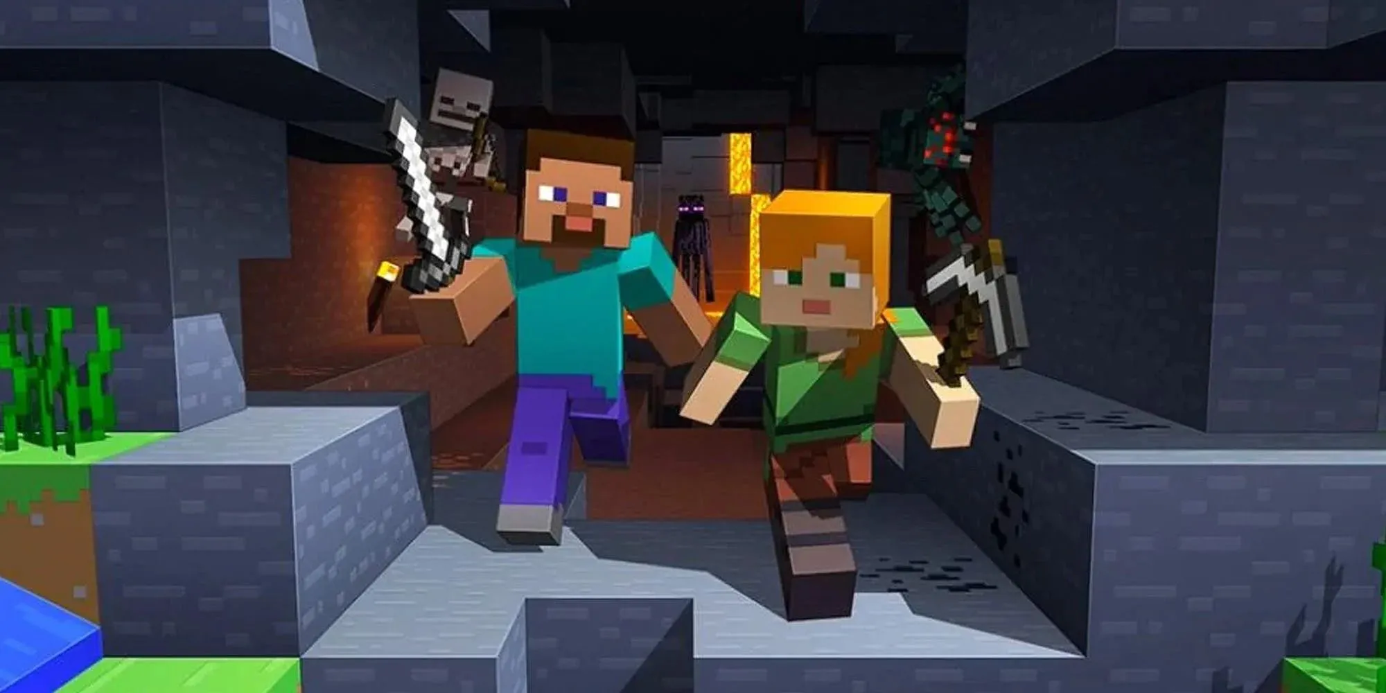 Hai người chơi Minecraft chạy thoát khỏi hang động đầy quái vật