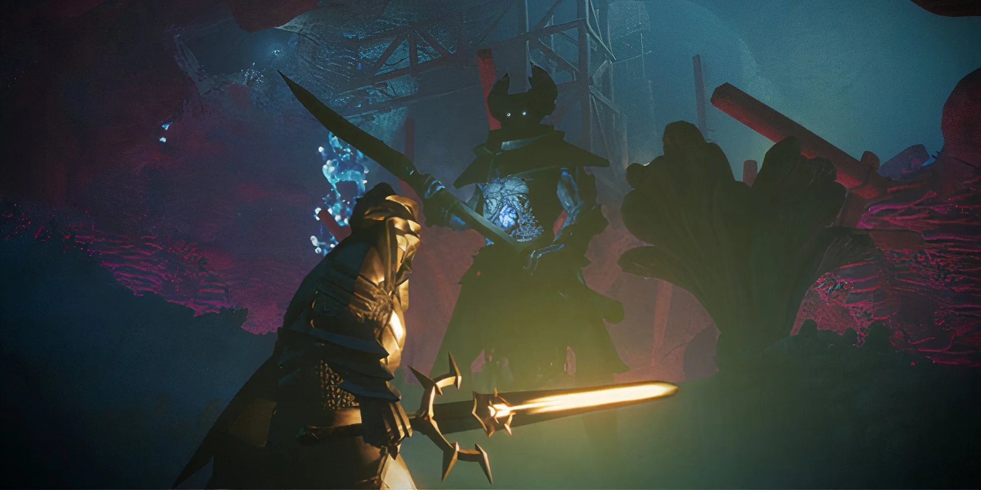 Hai nhân vật chiến đấu với quái vật trong game sinh tồn Enshrouded