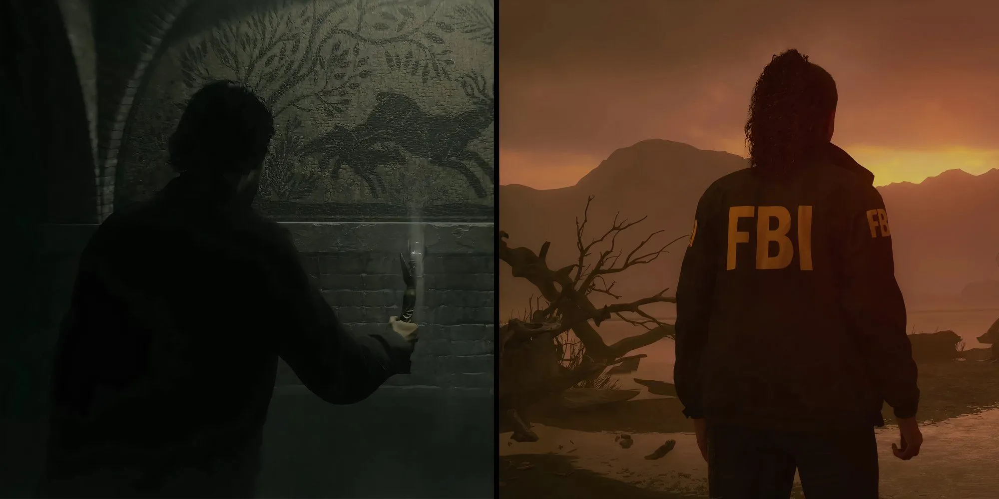 Hai nhân vật chính Alan Wake 2 Alan Wake và Saga Anderson quay lưng trong các môi trường khác nhau
