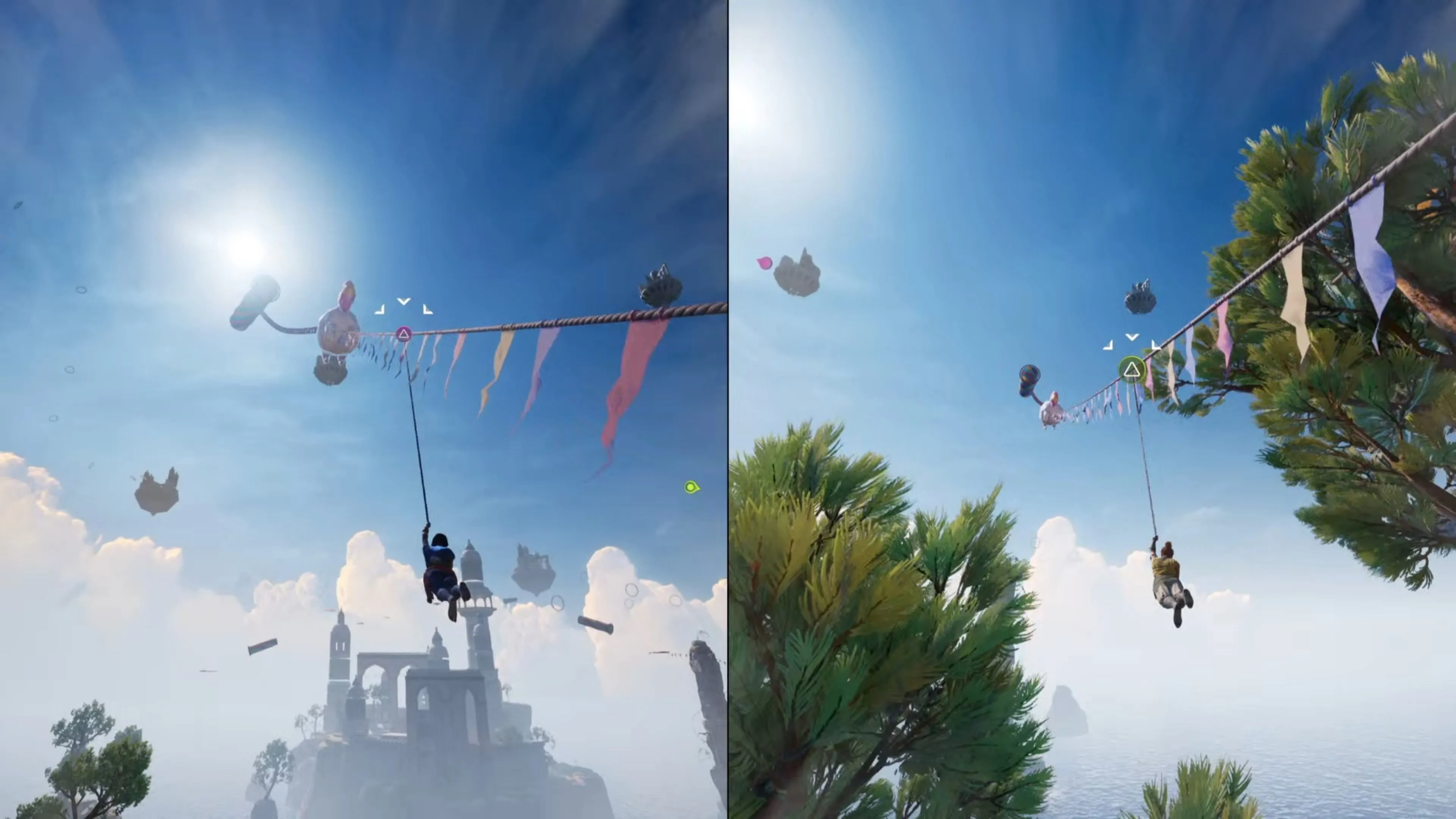 Hai nhân vật trong Split Fiction chuẩn bị cho cuộc đua zipline trong màn chơi Kites