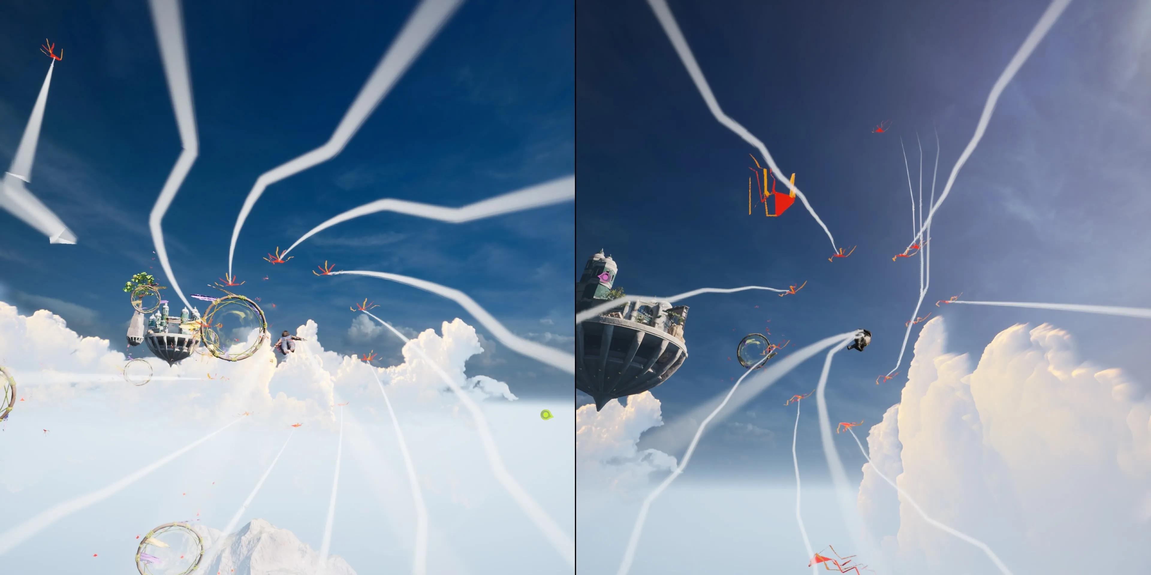 Hai nhân vật trong Split Fiction đang bay lượn với diều trong màn chơi phụ Kites
