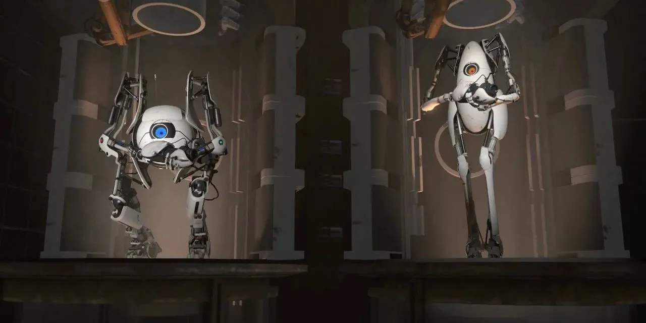 Hai robot Atlas và P-Body hợp tác giải đố trong Portal 2