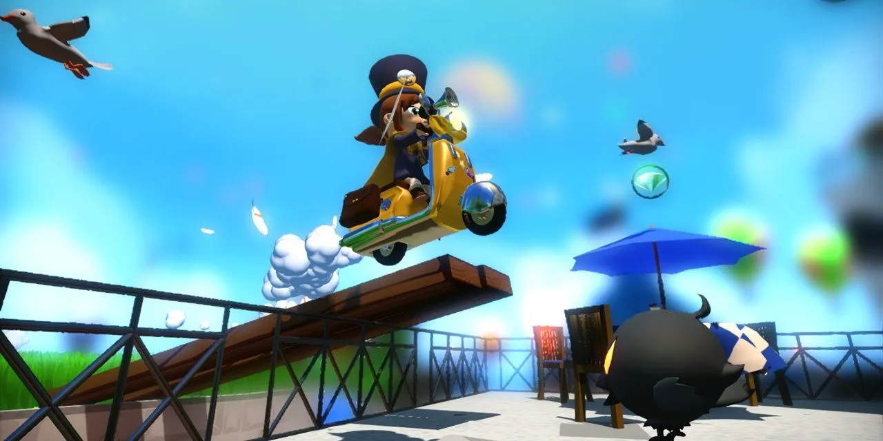 Hat Kid lái xe scooter trong thế giới đầy màu sắc của A Hat in Time