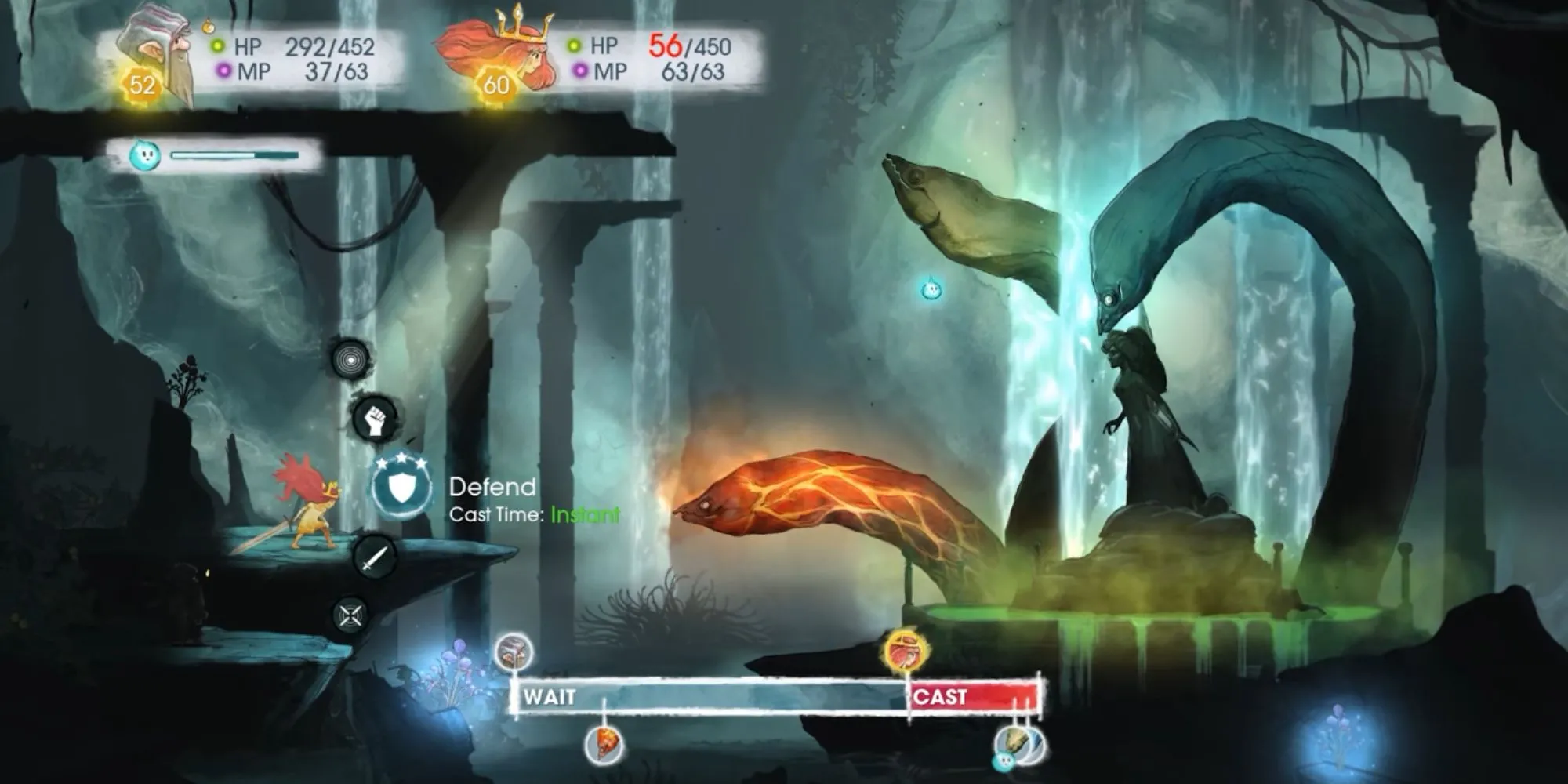 Hệ thống ATB trong Child of Light với sự hỗ trợ của đom đóm Igniculus làm chậm kẻ thù