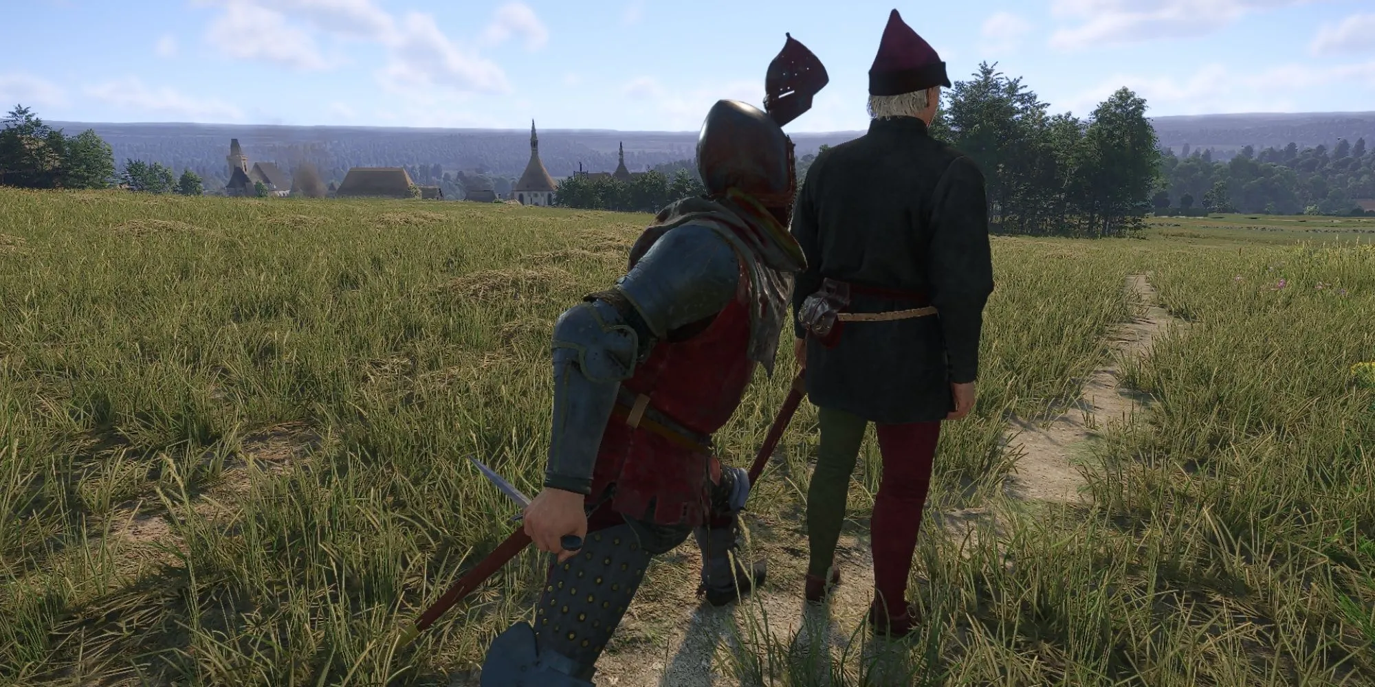 Henry đang cầm Dao Găm lẻn ra sau một người đàn ông trong Kingdom Come Deliverance 2